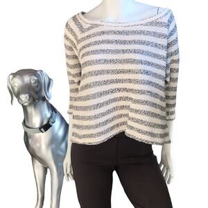 Lucky Brand Gray White Boxy 3/4 Sleeve Boat Neck Cotton Sweater Women's Sz Small